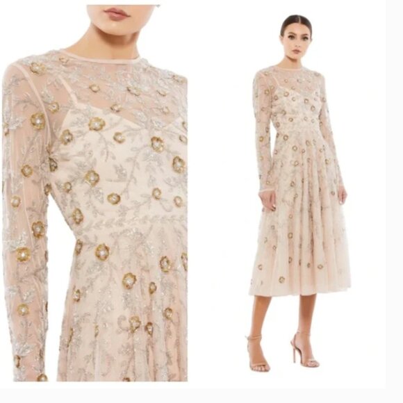 MAC DUGGAL 10799 BEADED ILLUSIONS HIGH NECK LONG SLEEVE A-LINE NUDE DRESS sz 10 - Picture 2 of 5